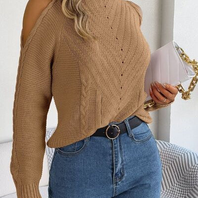 Cable-Knit Turtleneck Cold Shoulder Sweater