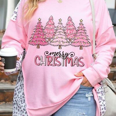 Plus Size MERRY CHRISTMAS Leopard Dropped Shoulder Sweatshirt