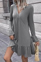 V-Neck Flounce Sleeve Ruffle Hem Mini Dress - Guy Christopher 