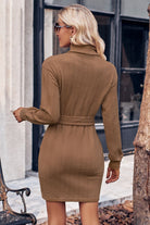 Turtle Neck Long Sleeve Tie Belt Mini Dress - Guy Christopher 