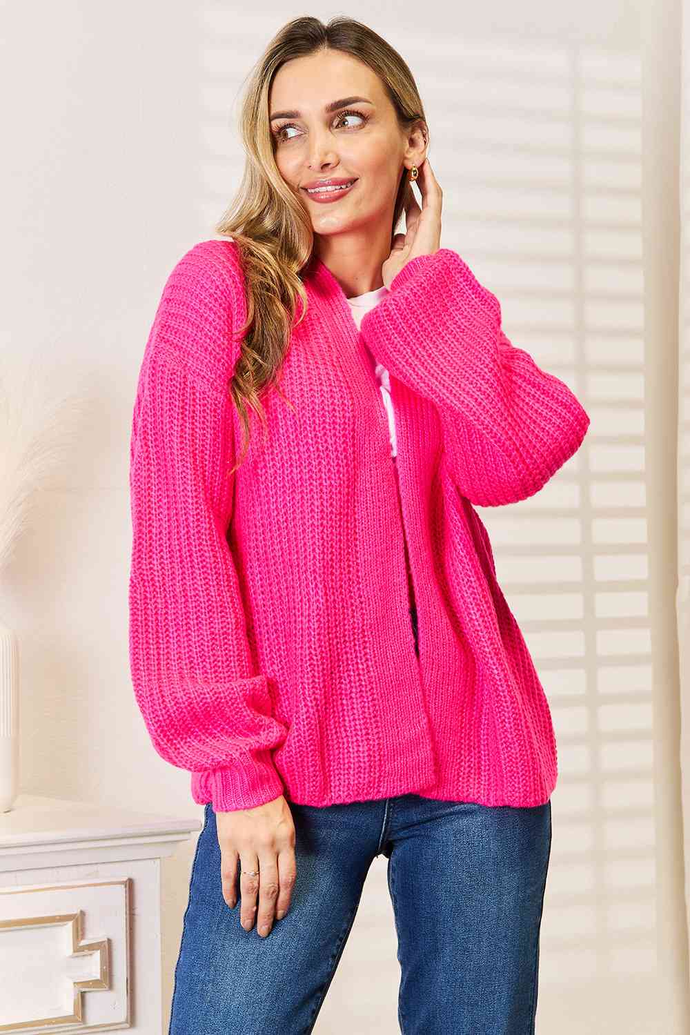 Woven Right Rib-Knit Open Front Drop Shoulder Cardigan - Guy Christopher 
