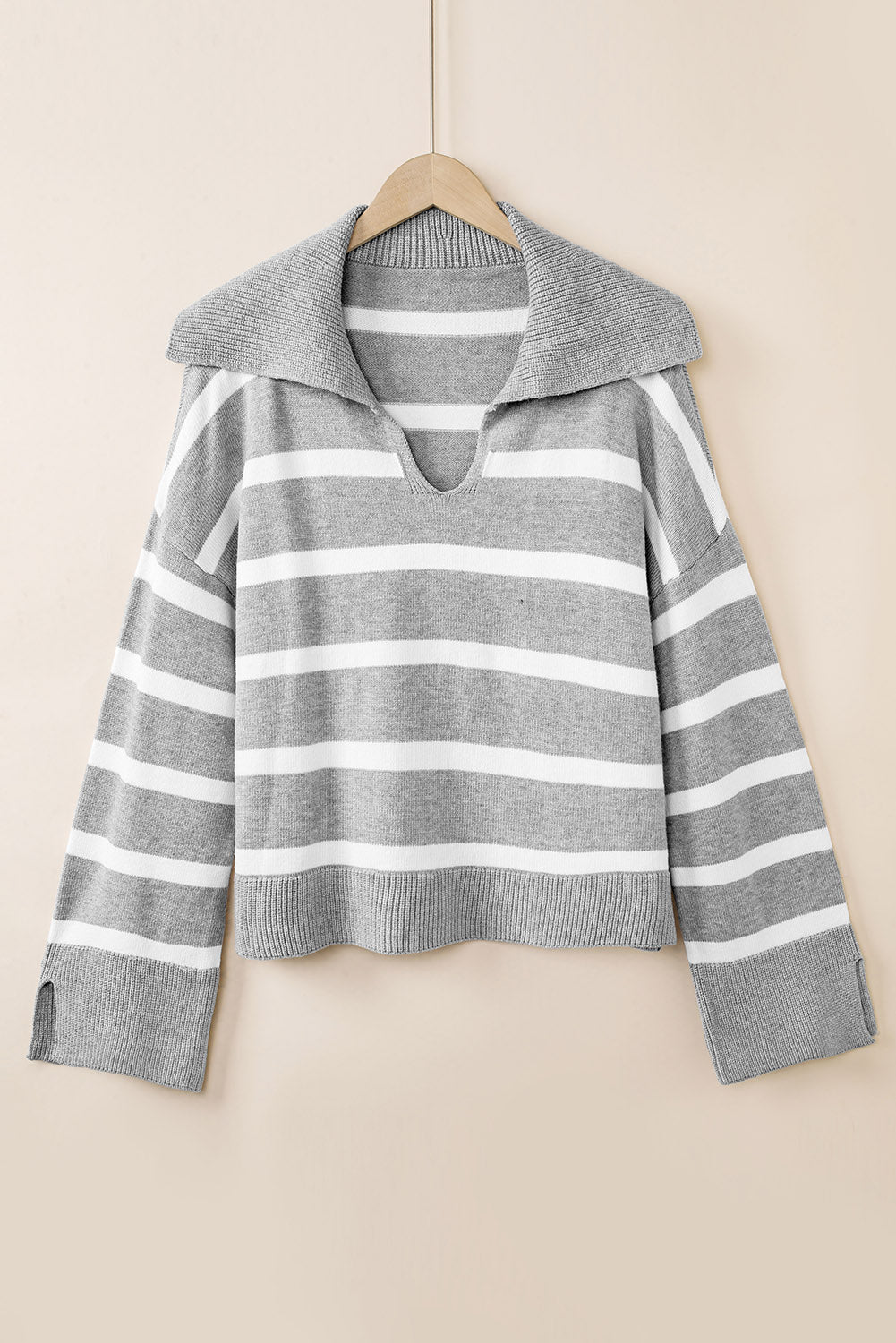 Striped Collared Neck Slit Sweater - Guy Christopher 