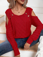 Decorative Button Cold-Shoulder Sweater - Guy Christopher