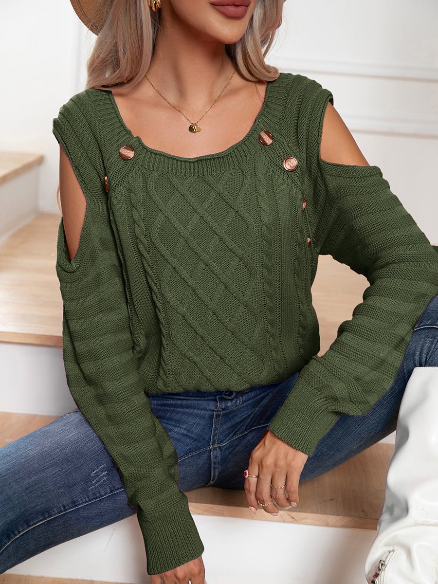 Decorative Button Cold-Shoulder Sweater - Guy Christopher