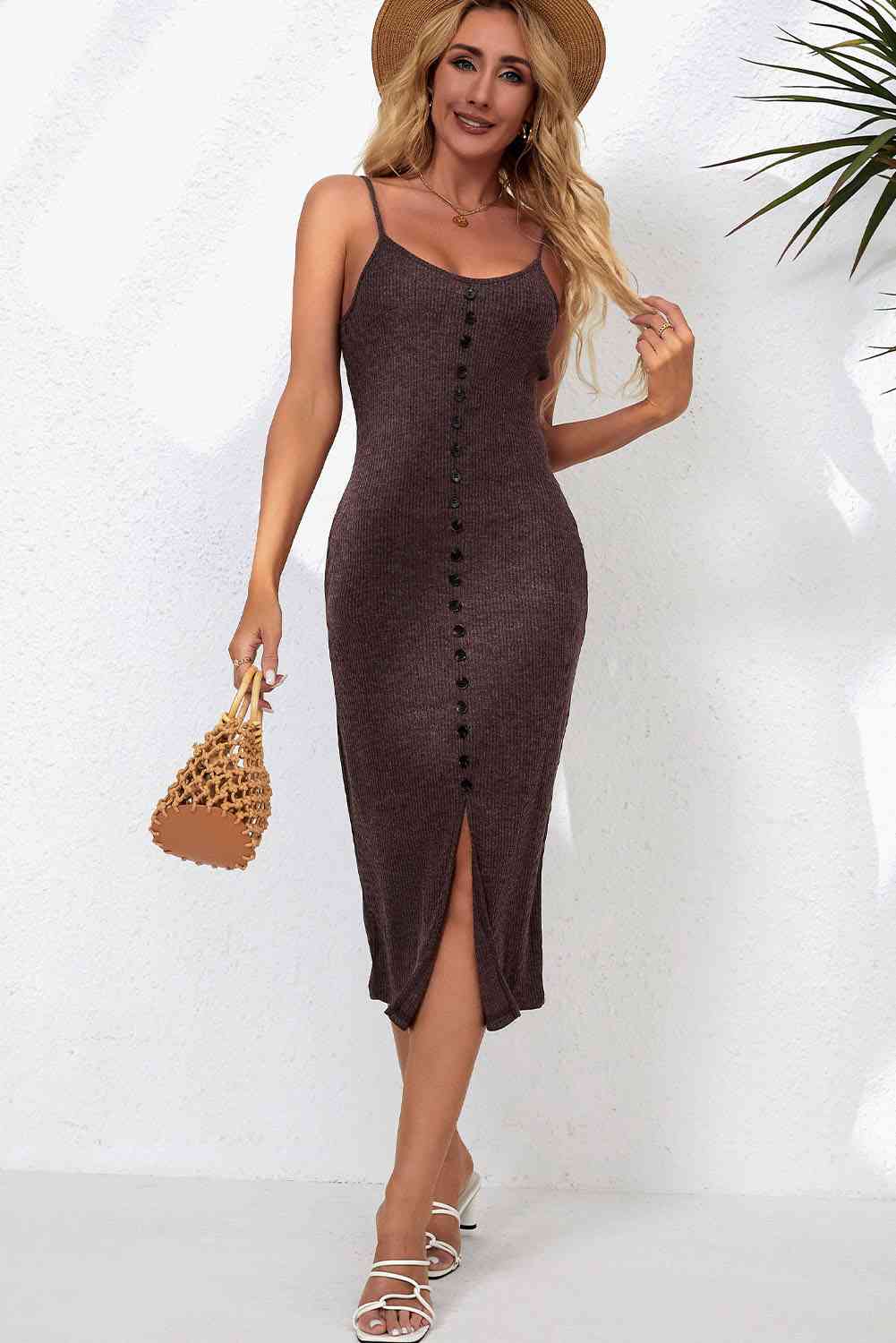 Decorative Button Slit Midi Dress - Guy Christopher