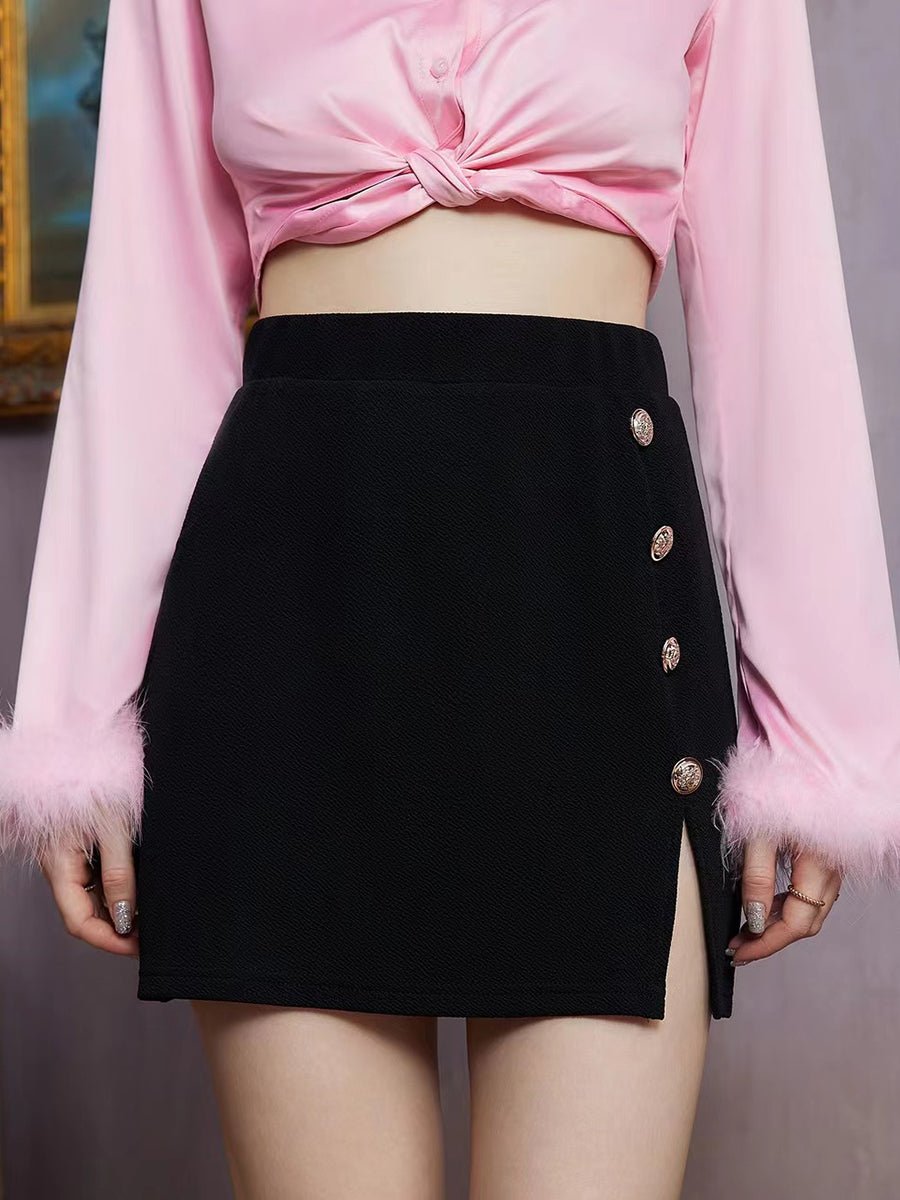 Decorative Button Slit Mini Skirt - Guy Christopher