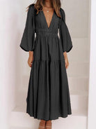 Deep V-Neck Balloon Sleeve Plain Maxi Dress - Guy Christopher