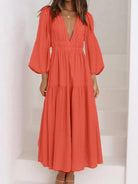 Deep V-Neck Balloon Sleeve Plain Maxi Dress - Guy Christopher