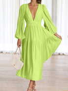 Deep V-Neck Balloon Sleeve Plain Maxi Dress - Guy Christopher