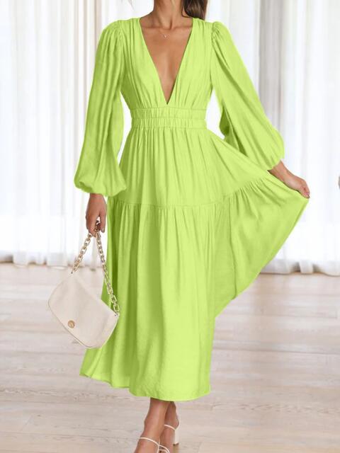 Deep V-Neck Balloon Sleeve Plain Maxi Dress - Guy Christopher