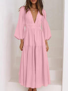 Deep V-Neck Balloon Sleeve Plain Maxi Dress - Guy Christopher