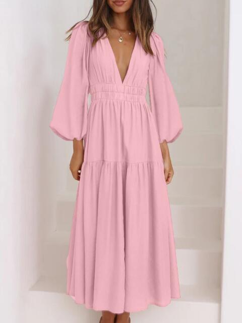 Deep V-Neck Balloon Sleeve Plain Maxi Dress - Guy Christopher