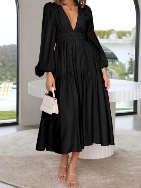 Deep V-Neck Balloon Sleeve Plain Maxi Dress - Guy Christopher