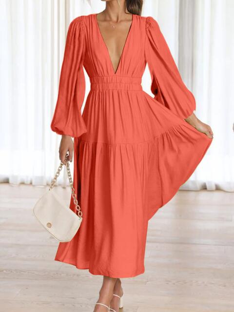 Deep V-Neck Balloon Sleeve Plain Maxi Dress - Guy Christopher