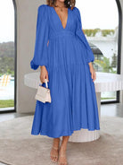 Deep V-Neck Balloon Sleeve Plain Maxi Dress - Guy Christopher