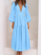 Deep V-Neck Balloon Sleeve Plain Maxi Dress - Guy Christopher