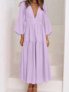 Deep V-Neck Balloon Sleeve Plain Maxi Dress - Guy Christopher