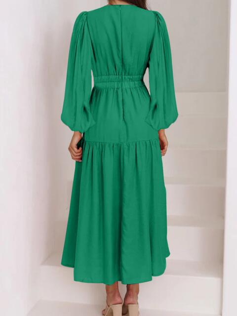 Deep V-Neck Balloon Sleeve Plain Maxi Dress - Guy Christopher