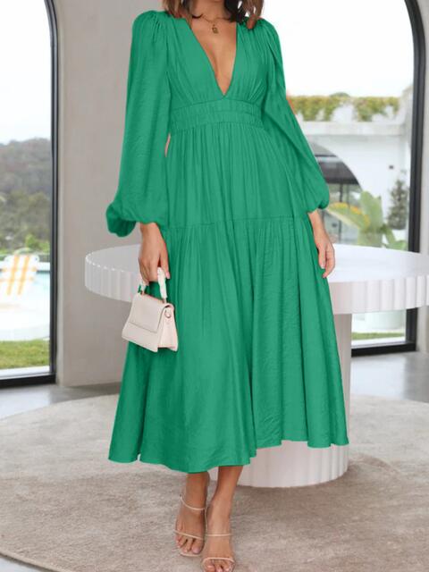 Deep V-Neck Balloon Sleeve Plain Maxi Dress - Guy Christopher