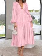 Deep V-Neck Balloon Sleeve Plain Maxi Dress - Guy Christopher