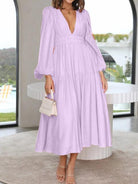 Deep V-Neck Balloon Sleeve Plain Maxi Dress - Guy Christopher