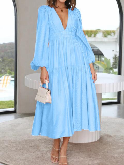 Deep V-Neck Balloon Sleeve Plain Maxi Dress - Guy Christopher