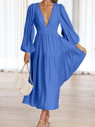 Deep V-Neck Balloon Sleeve Plain Maxi Dress - Guy Christopher