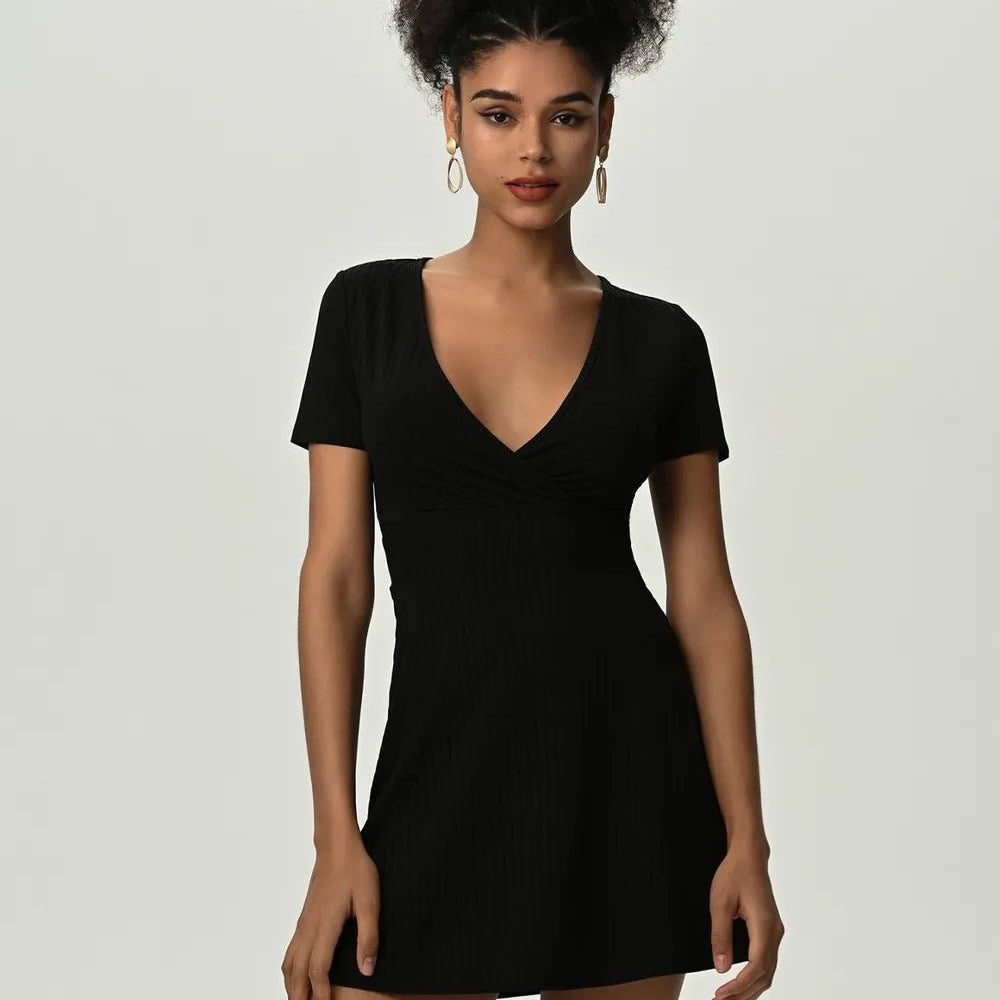 Deep V Short Sleeve Mini Dress - Guy Christopher