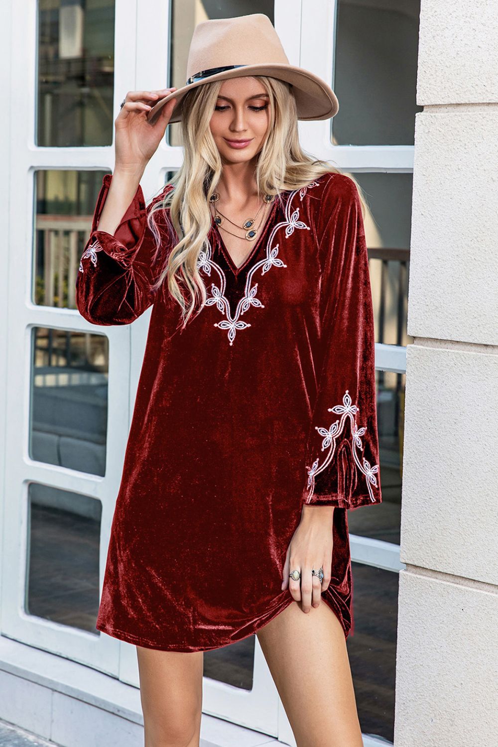 V-Neck Long Sleeve Mini Dress - Guy Christopher 