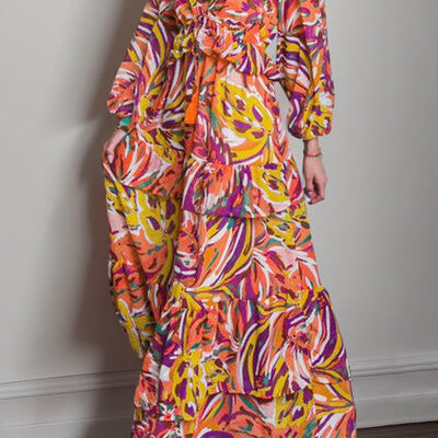 Printed Ruffled V-Neck Tiered Dress