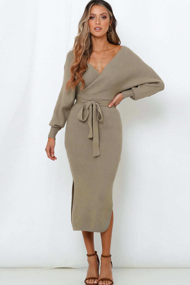 Surplice Neck Bow Waist Slit Sweater Dress - Guy Christopher 