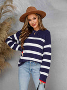 Striped Round Neck Dropped Shoulder Sweater - Guy Christopher 