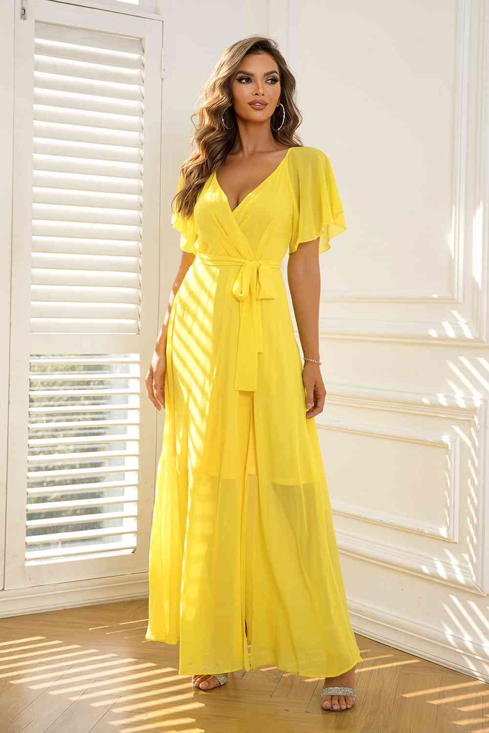 Tie Waist Flutter Sleeve Maxi Dress - Guy Christopher 