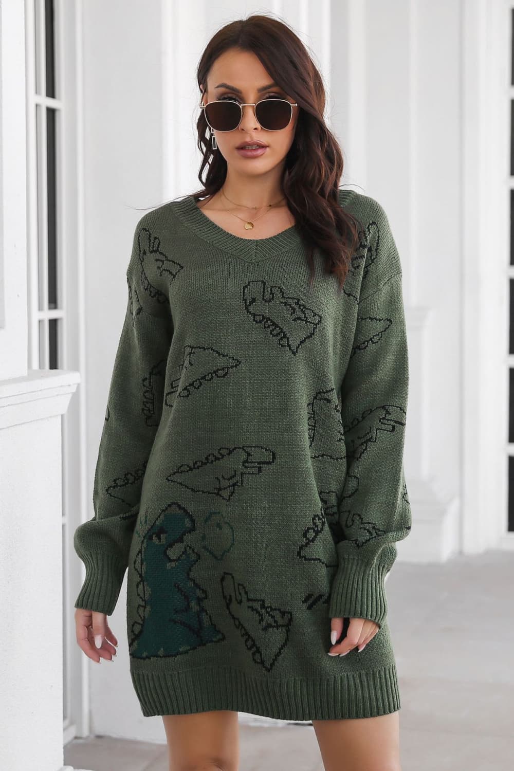 Dinosaur Pattern V-Neck Sweater Dress - Guy Christopher