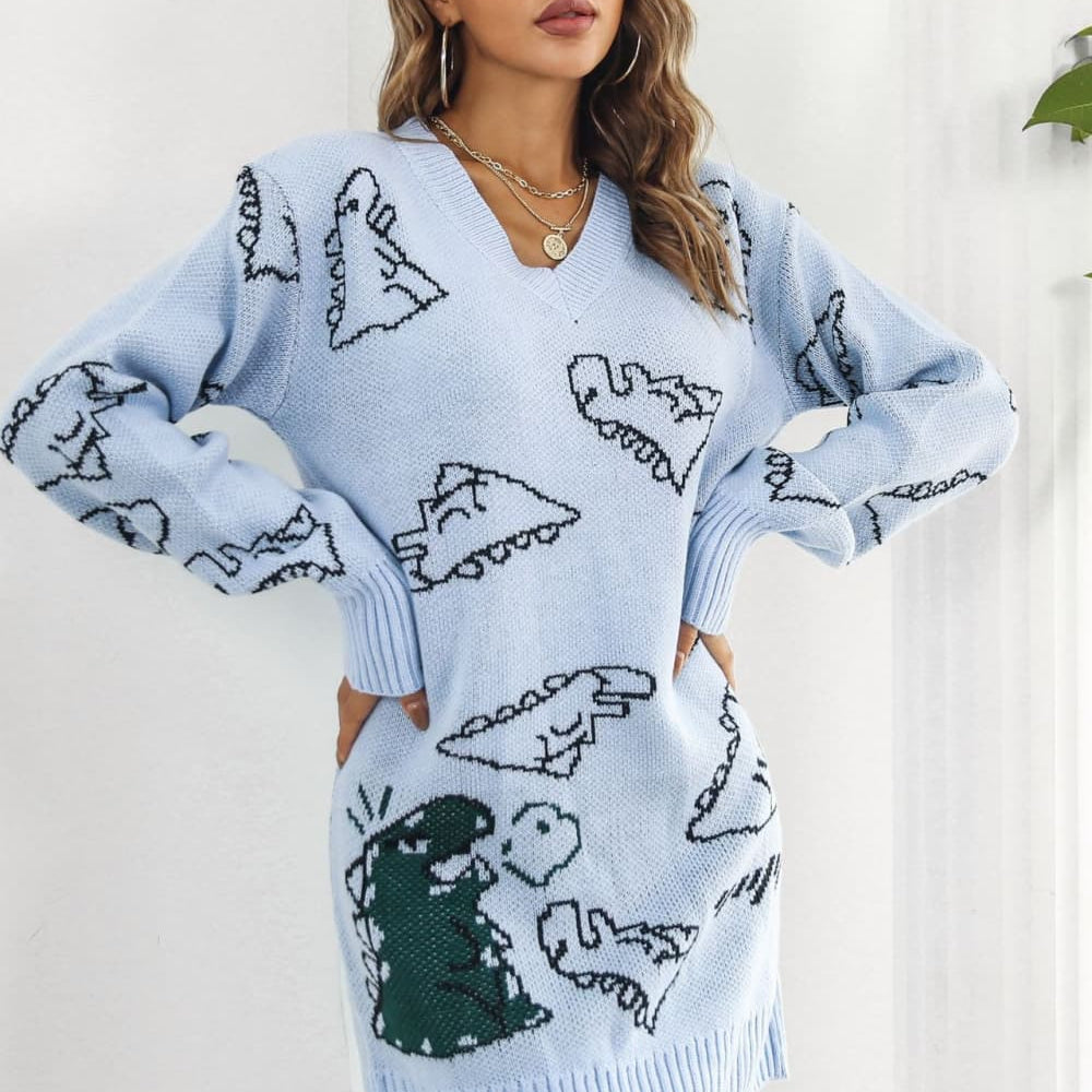 Dinosaur Pattern V-Neck Sweater Dress - Guy Christopher