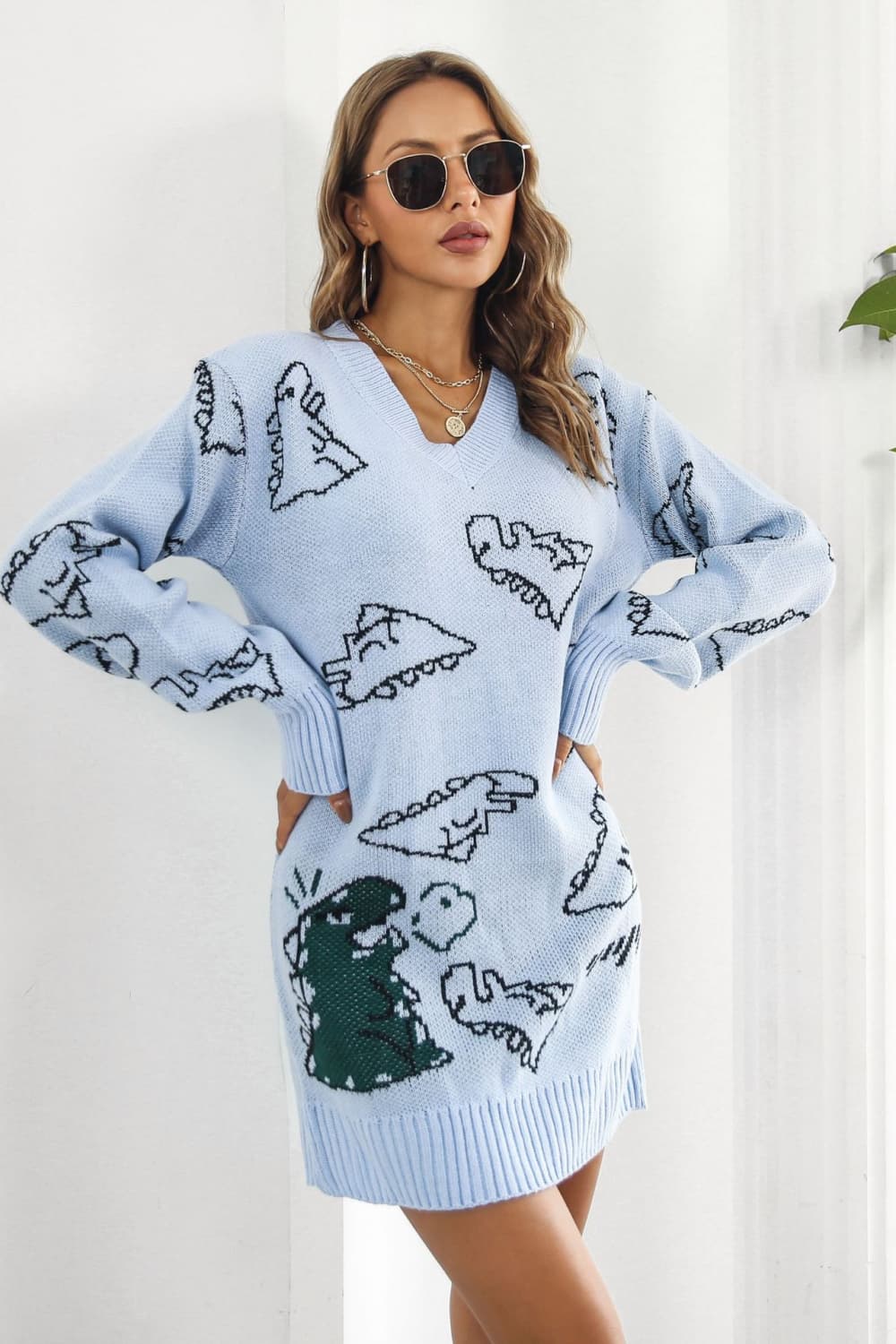 Dinosaur Pattern V-Neck Sweater Dress - Guy Christopher