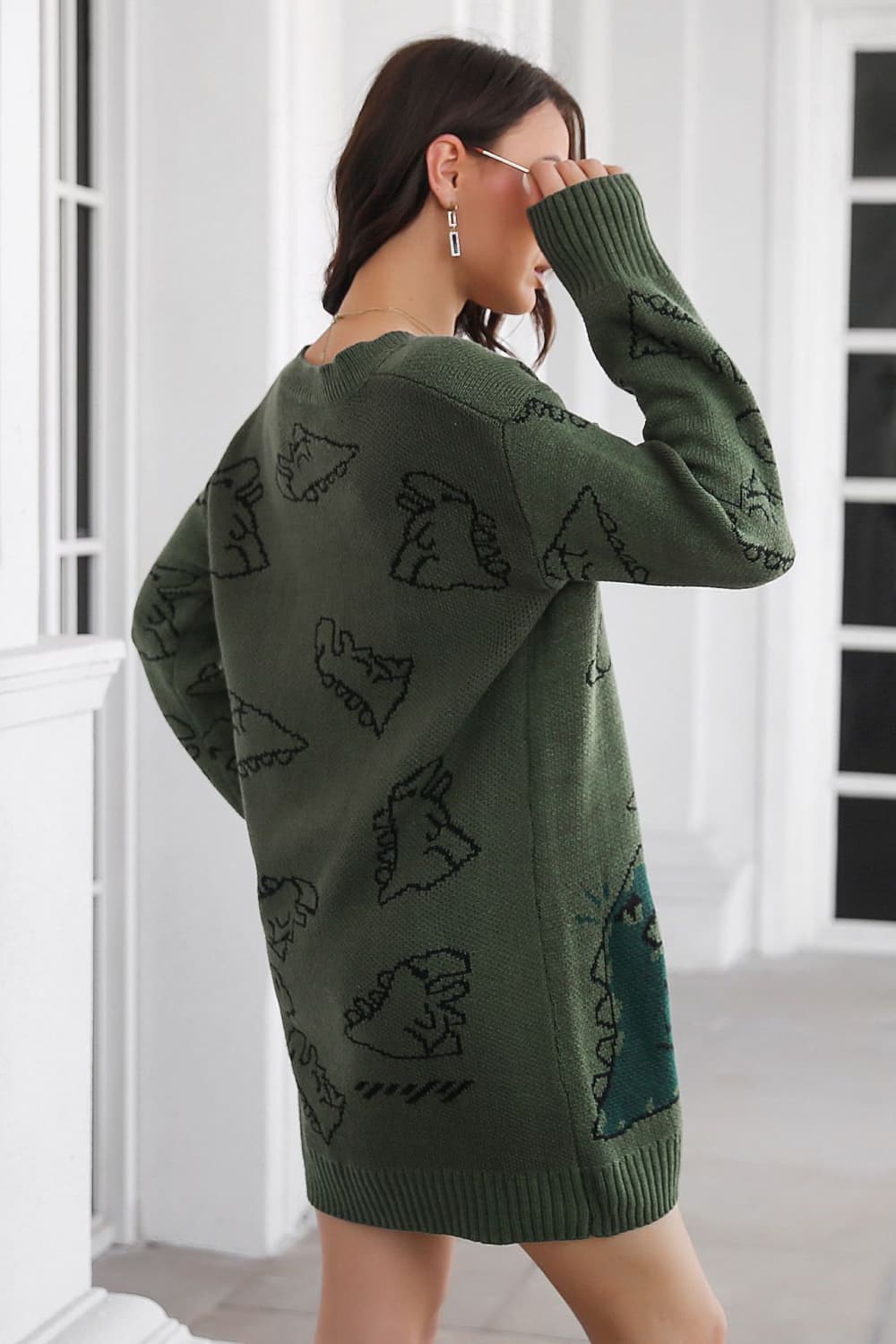 Dinosaur Pattern V-Neck Sweater Dress - Guy Christopher