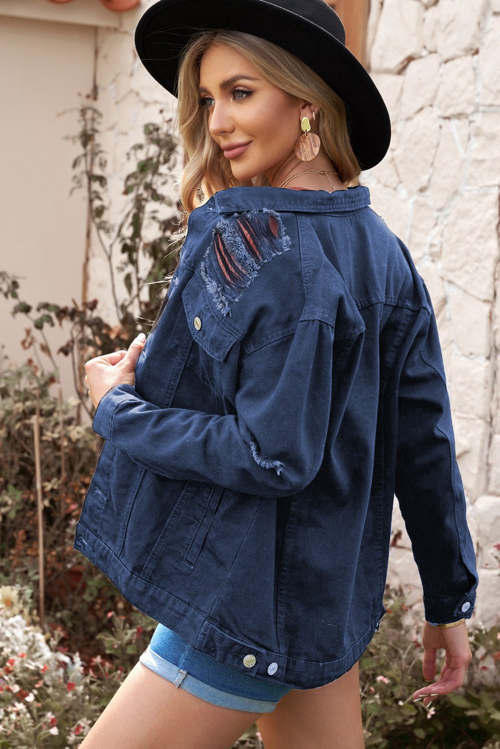 Distressed Button-Up Denim Jacket with Pockets - Guy Christopher