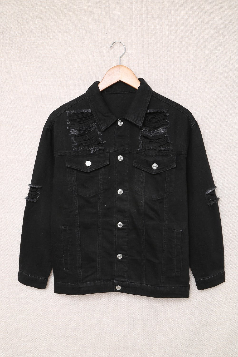 Distressed Button-Up Denim Jacket with Pockets - Guy Christopher