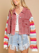 Distressed Striped Long Sleeve Denim Jacket - Guy Christopher