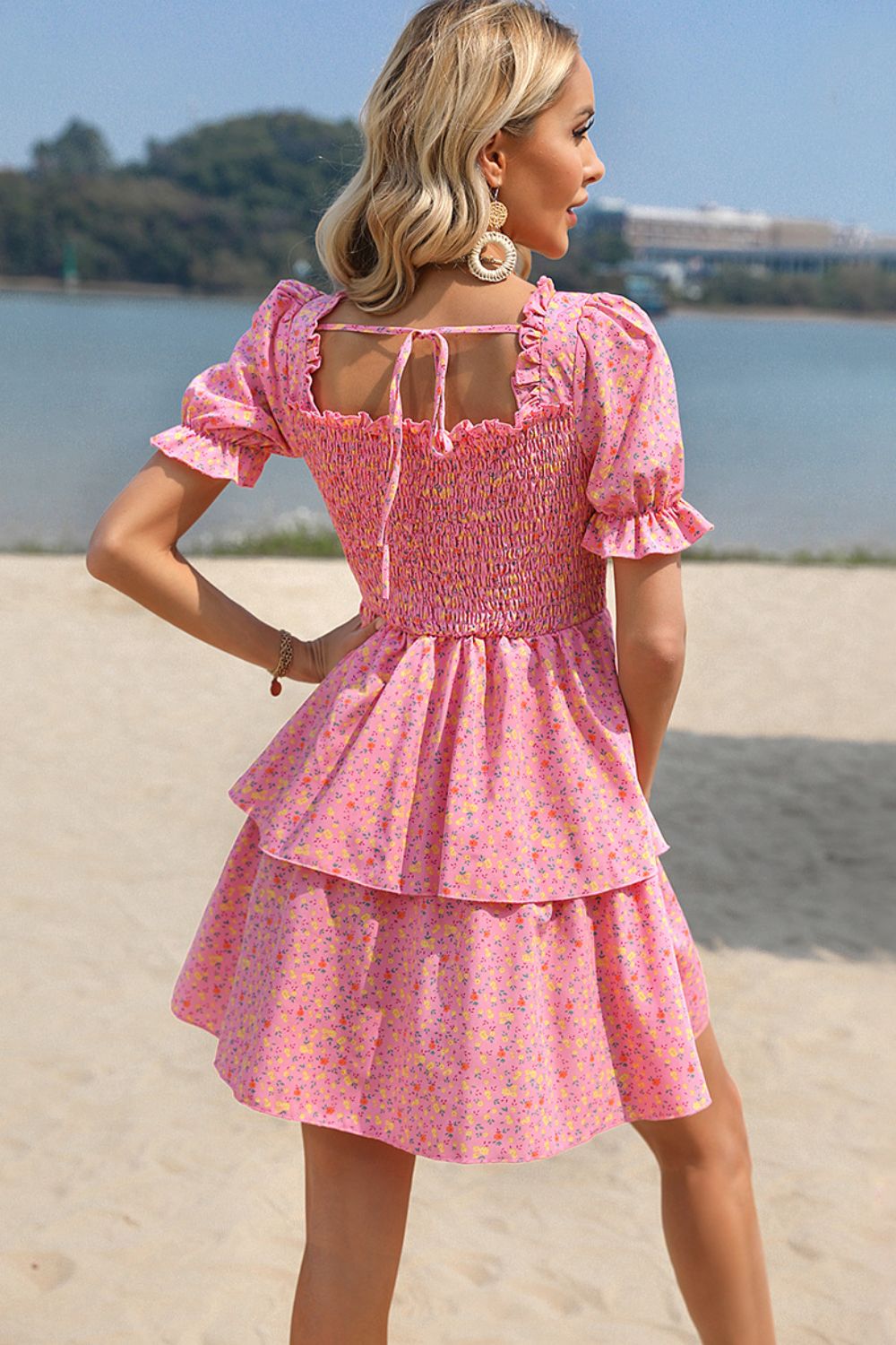 Ditsy Floral Tie Back Smocked Layered Dress - Guy Christopher