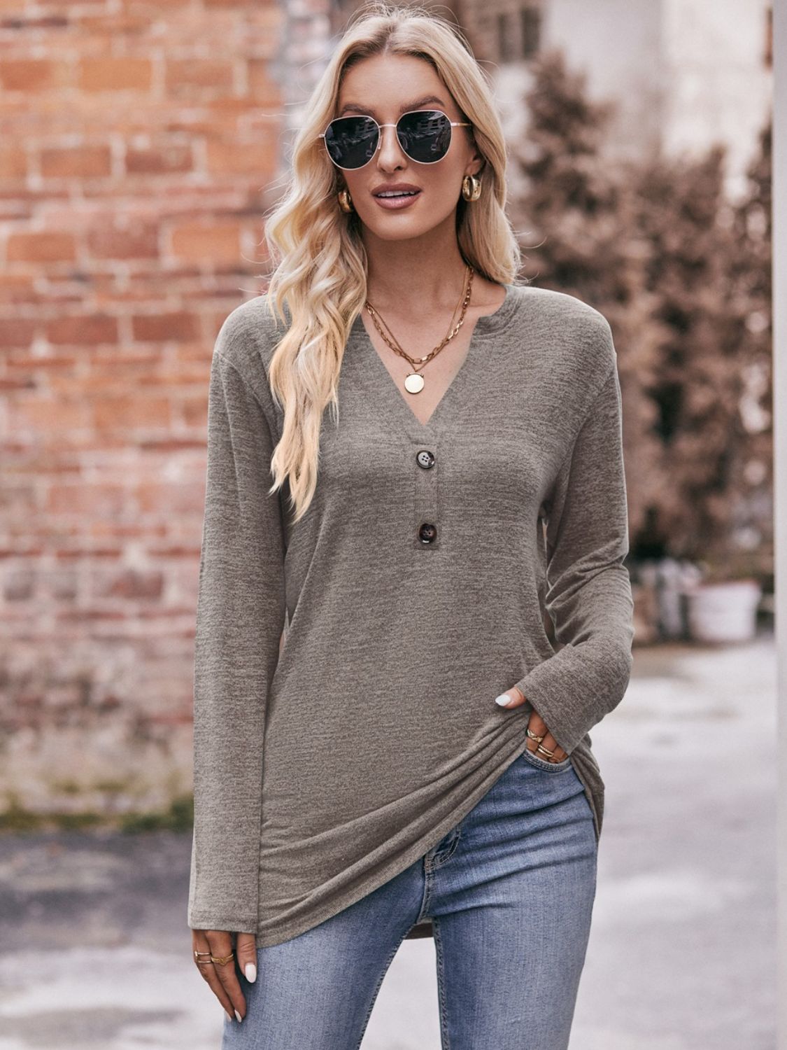 Double Take Buttoned Notched Neck Long Sleeve Top - Guy Christopher