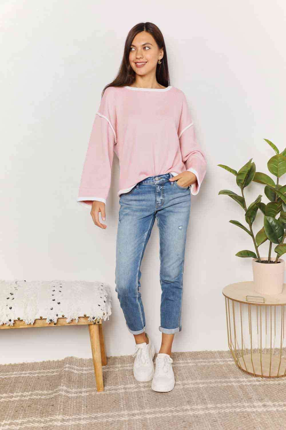 Double Take Contrast Detail Dropped Shoulder Knit Top - Guy Christopher