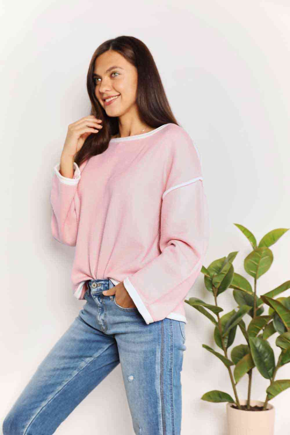 Double Take Contrast Detail Dropped Shoulder Knit Top - Guy Christopher