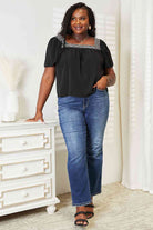 Double Take Contrast Square Neck Puff Sleeve Blouse - Guy Christopher