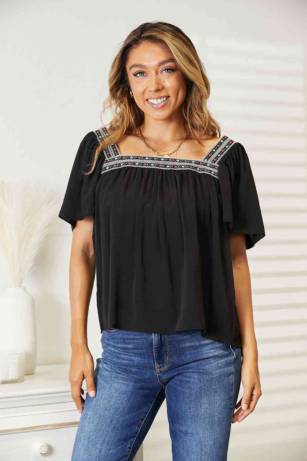 Double Take Contrast Square Neck Puff Sleeve Blouse - Guy Christopher