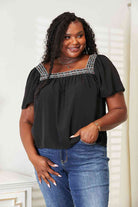 Double Take Contrast Square Neck Puff Sleeve Blouse - Guy Christopher