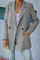 Double Take Double-Breasted Padded Shoulder Blazer with Pockets - Guy Christopher