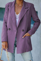 Double Take Double-Breasted Padded Shoulder Blazer with Pockets - Guy Christopher