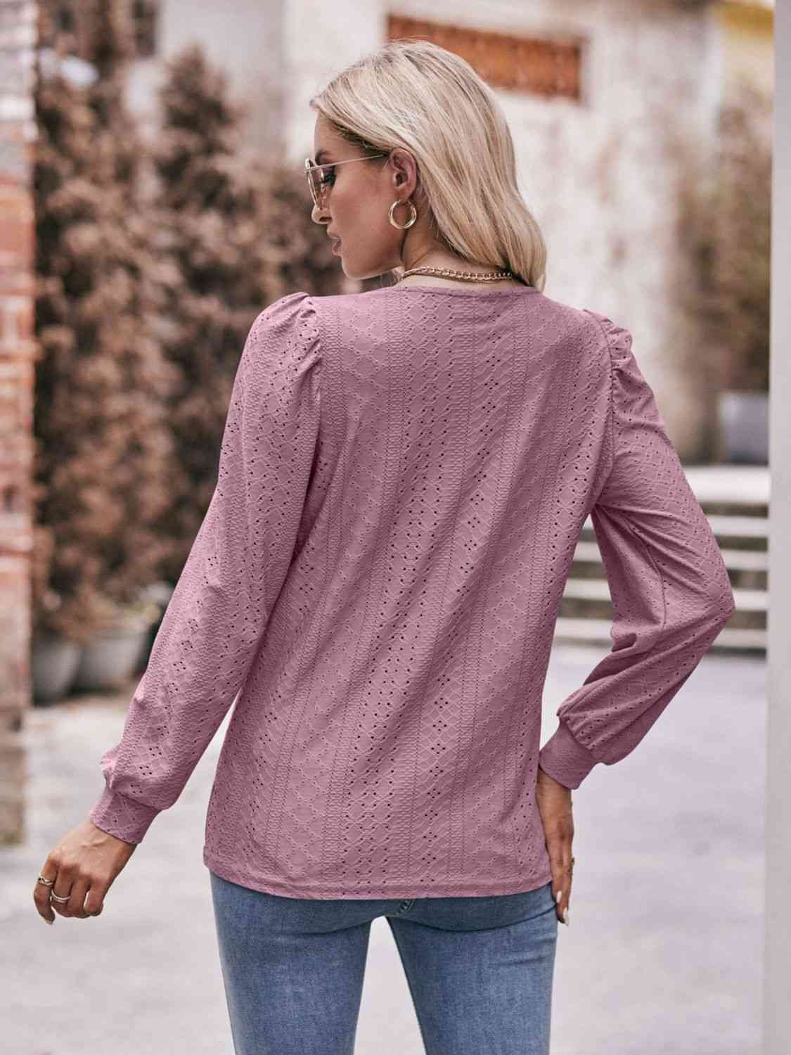 Double Take Eyelet Square Neck Puff Sleeve Blouse - Guy Christopher